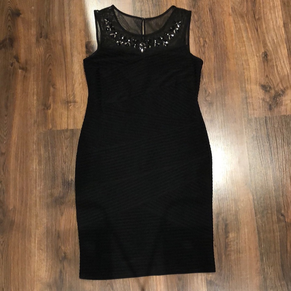 Laura | Stretchy Embellished Mesh Neckline Dress with Ruching - Picture 3 of 10